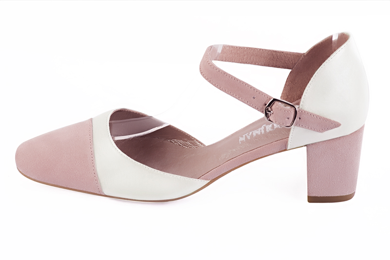 Light pink and pure white women's open side shoes, with an instep strap. Round toe. Medium block heels. Profile view - Florence KOOIJMAN